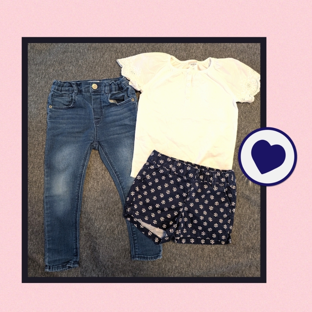 Bundle Of Jeans, White Eyelet Top And Printed Blue And White Shorts, Size 2/3T